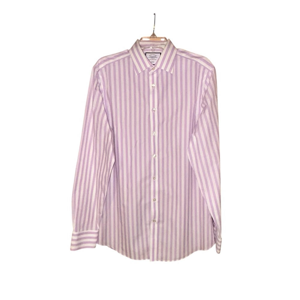 Charles Tyrwhitt Men’s Non Iron Dress Shirt Purple Striped Cotton Slim Fit 16 36